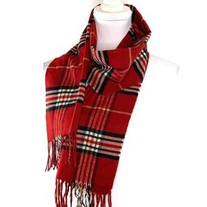 Cashmink V. Fraas Scarf Plaid Fringe Hem Made in Germany Red White Black 64 x 11